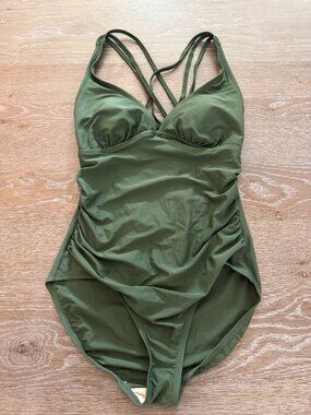 Womens Kona Sol Olive Green criss cross strap one Piece Swimsuit size large